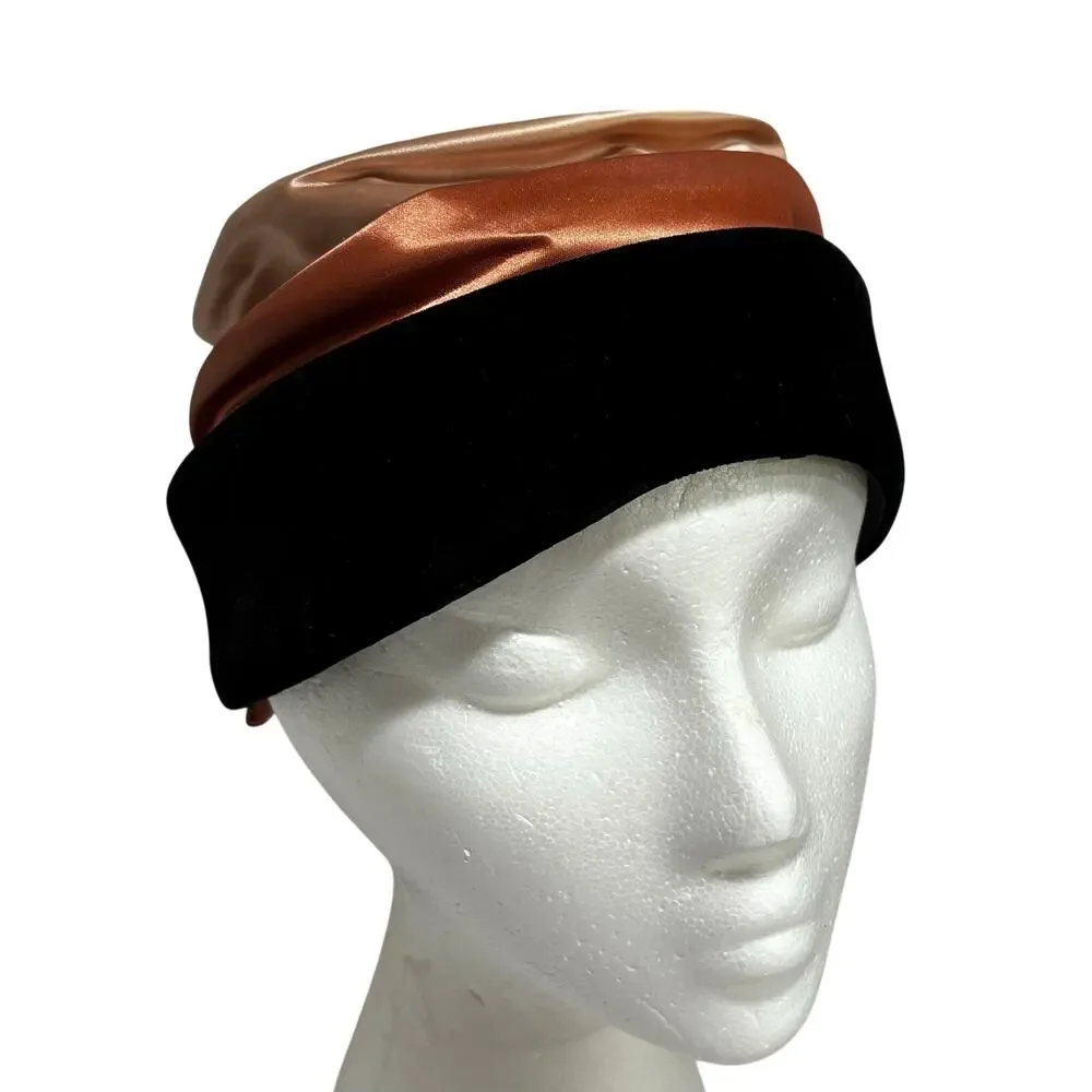 Vintage Turban Pillbox hat two toned pink blush satin & black velvet Size 22